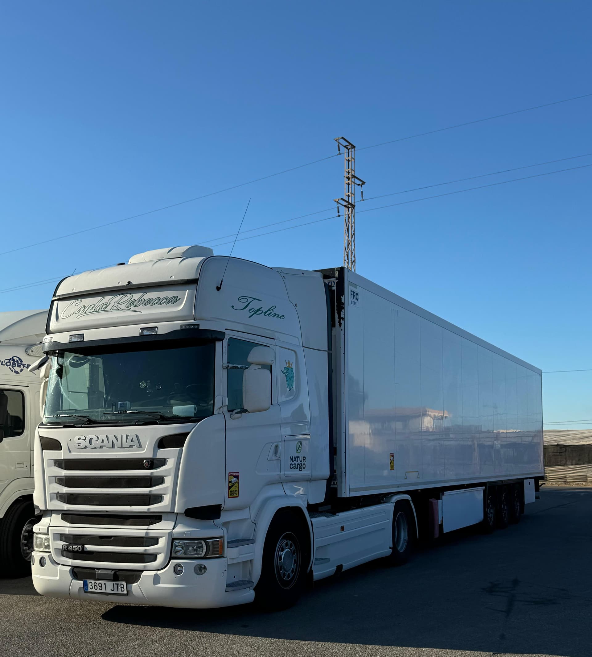 Camión Scania blanco NaturCargo en día soleado